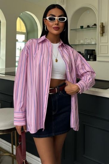 Çizgili Pembe Poplin Gömlek 3451 resmi